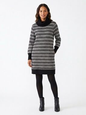 Joe Fresh Geometric Fair Isle Cowl Neck Knit Longline Tunic Sweater Dress, M